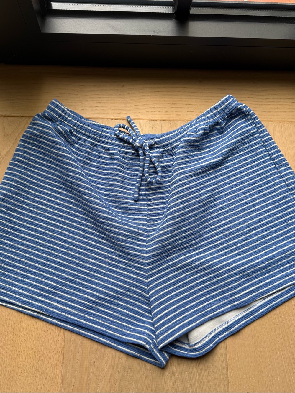 Reformation Blue and White Striped Drawstring Athletic Shorts
